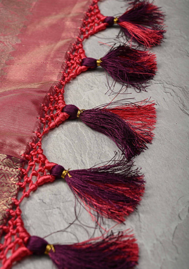 Dark Amethyst Brocade on Kanjivaram Tissue Semi Silk Saree with Meenakari Buttas and Contrast Zari Border