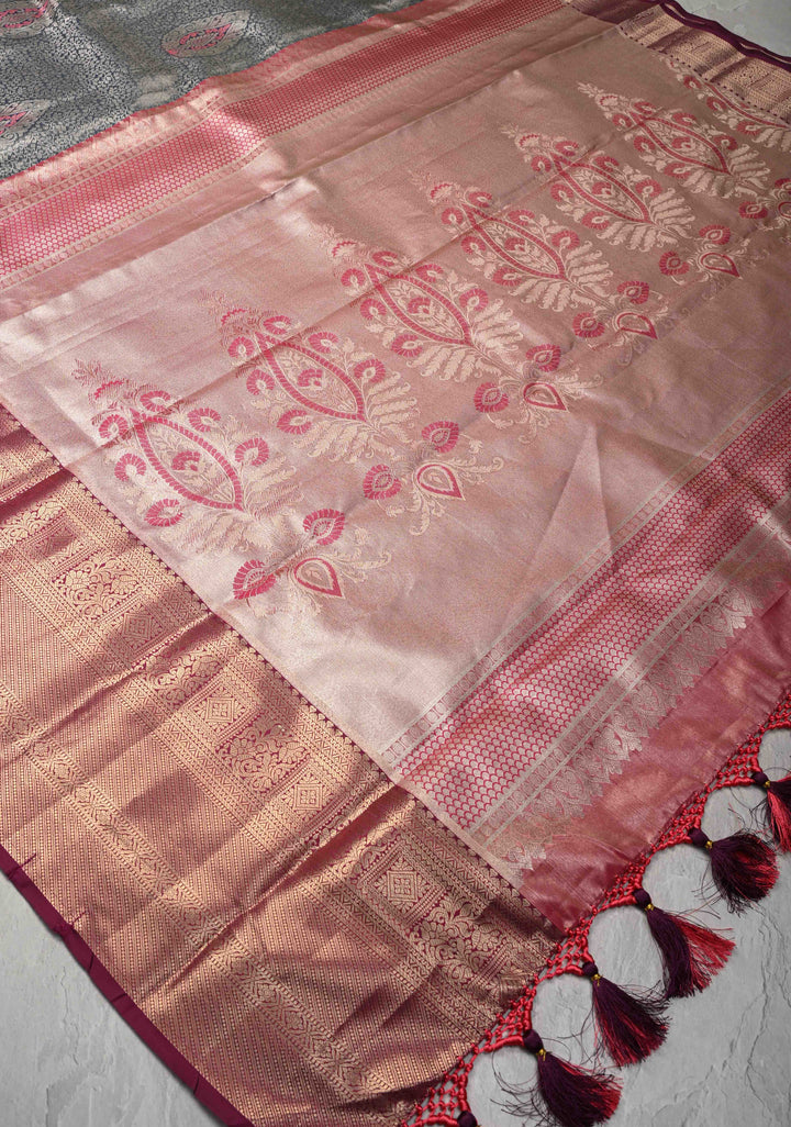 Dark Amethyst Brocade on Kanjivaram Tissue Semi Silk Saree with Meenakari Buttas and Contrast Zari Border