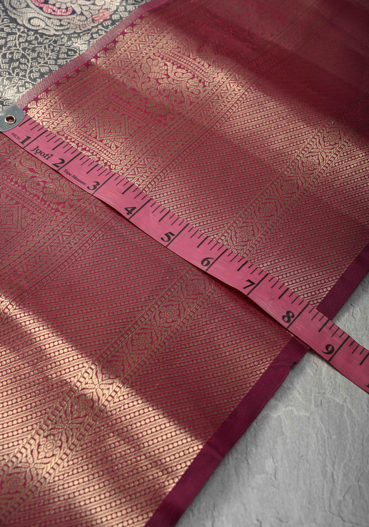 Dark Amethyst Brocade on Kanjivaram Tissue Semi Silk Saree with Meenakari Buttas and Contrast Zari Border