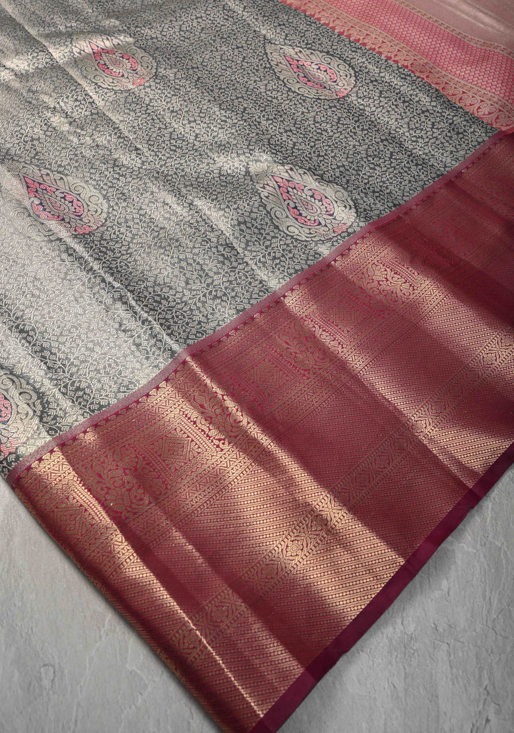Dark Amethyst Brocade on Kanjivaram Tissue Semi Silk Saree with Meenakari Buttas and Contrast Zari Border
