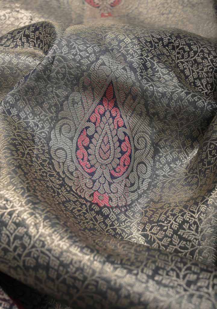 Dark Amethyst Brocade on Kanjivaram Tissue Semi Silk Saree with Meenakari Buttas and Contrast Zari Border