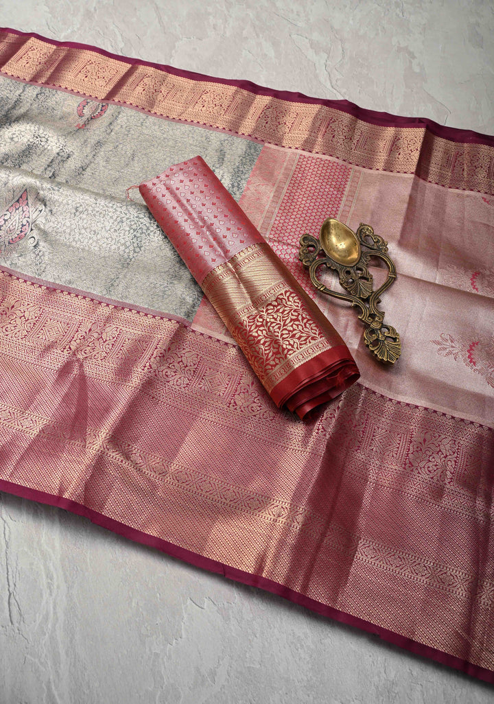 Dark Amethyst Brocade on Kanjivaram Tissue Semi Silk Saree with Meenakari Buttas and Contrast Zari Border