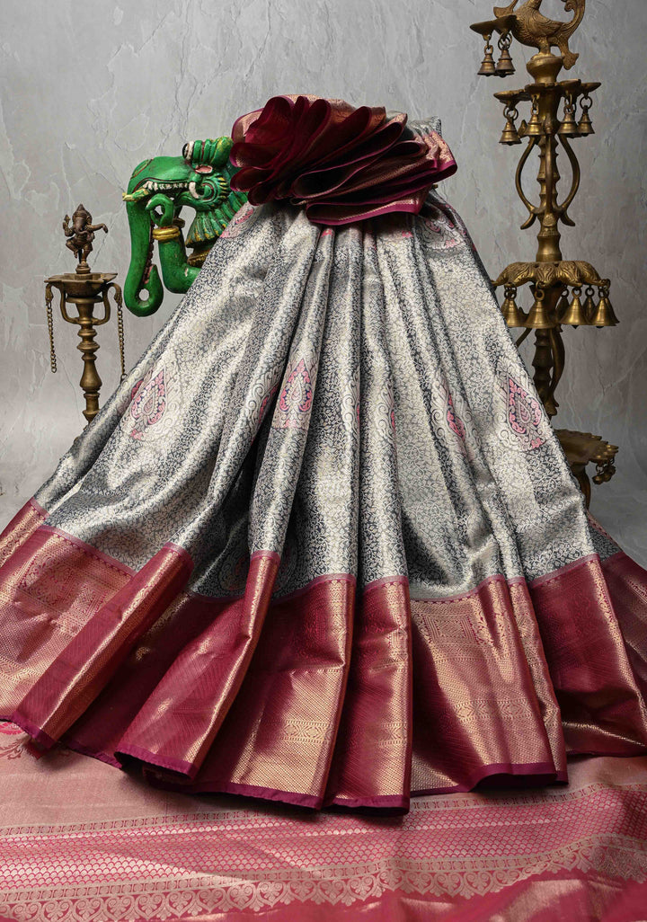 Dark Amethyst Brocade on Kanjivaram Tissue Semi Silk Saree with Meenakari Buttas and Contrast Zari Border