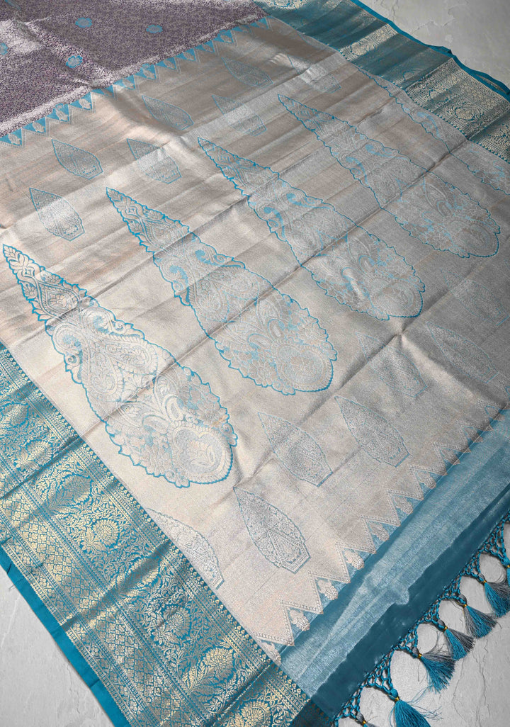 Lilac Brocade Jaal Lilac Kanjivaram Tissue Semi Silk Saree with Contrast Zari Border