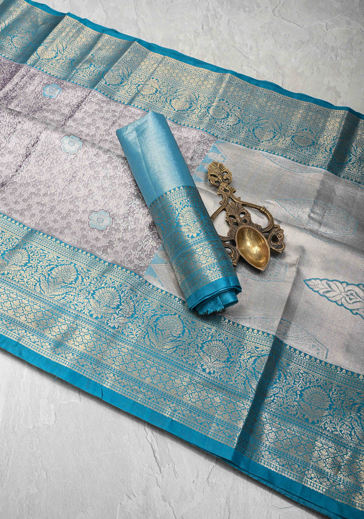 Lilac Brocade Jaal Lilac Kanjivaram Tissue Semi Silk Saree with Contrast Zari Border
