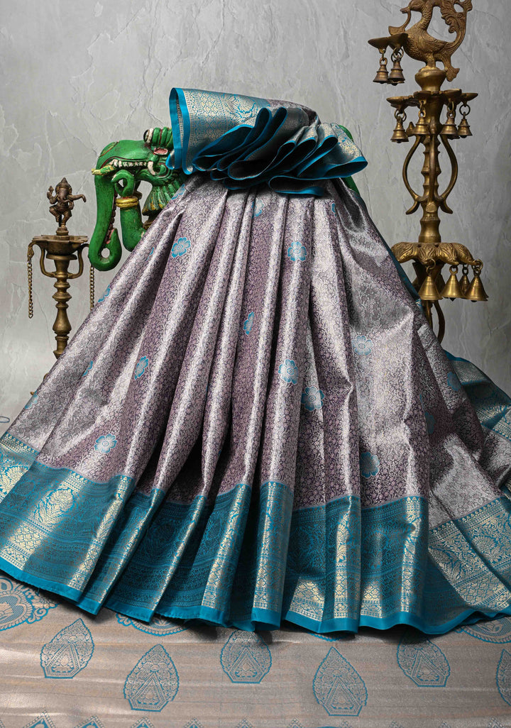 Lilac Brocade Jaal Lilac Kanjivaram Tissue Semi Silk Saree with Contrast Zari Border