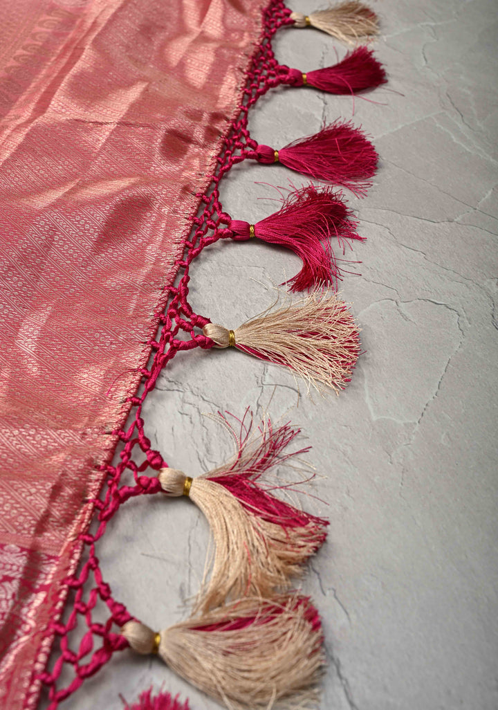 Light Sage Green Brocade on Kanjivaram Tissue Semi Silk Saree with Meenakari Buttas and Contrast Zari Border