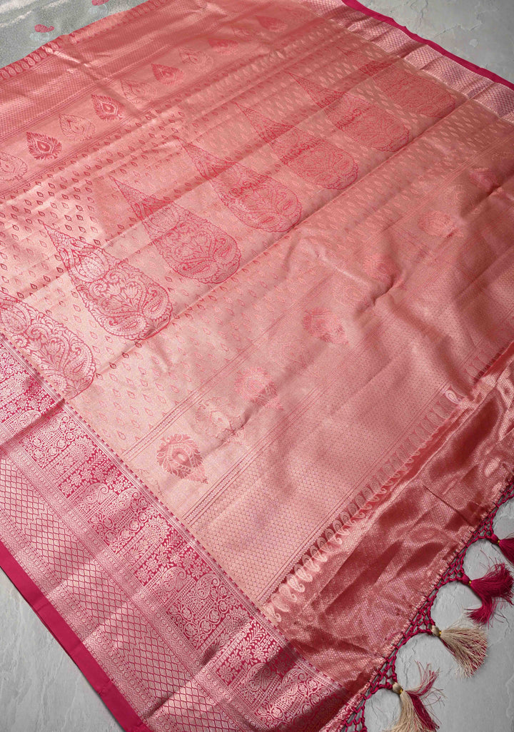 Light Sage Green Brocade on Kanjivaram Tissue Semi Silk Saree with Meenakari Buttas and Contrast Zari Border
