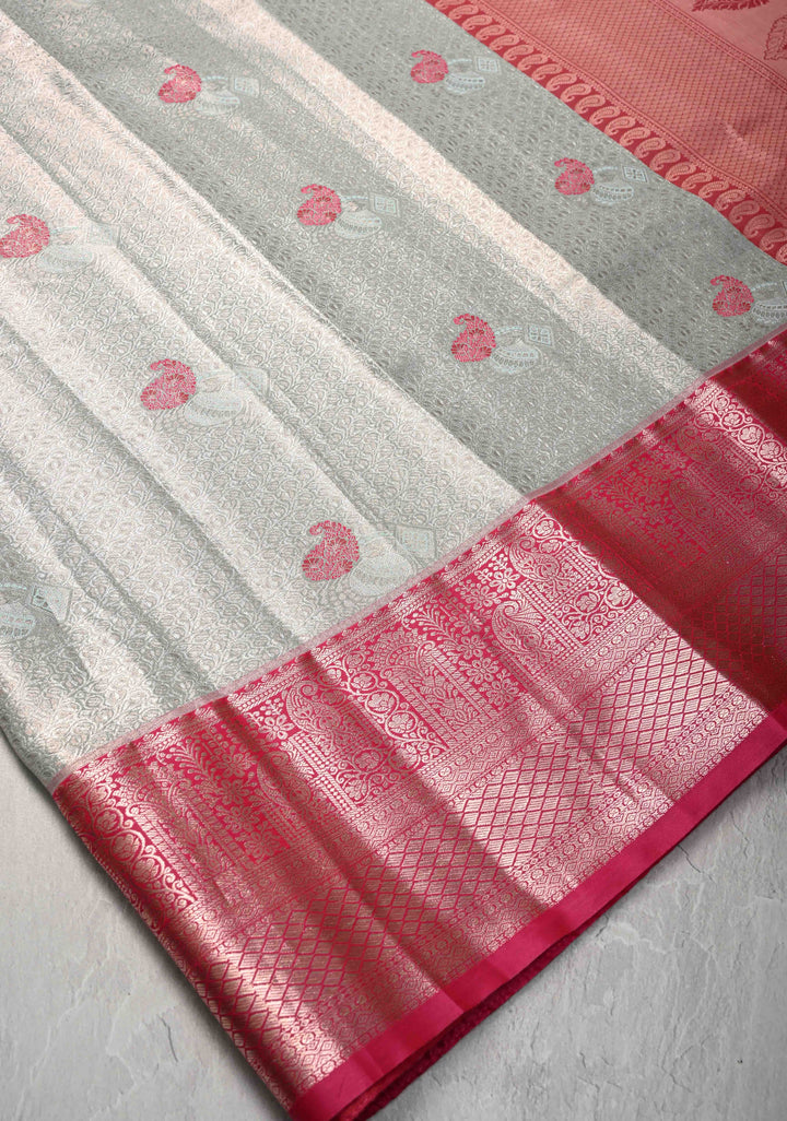 Light Sage Green Brocade on Kanjivaram Tissue Semi Silk Saree with Meenakari Buttas and Contrast Zari Border