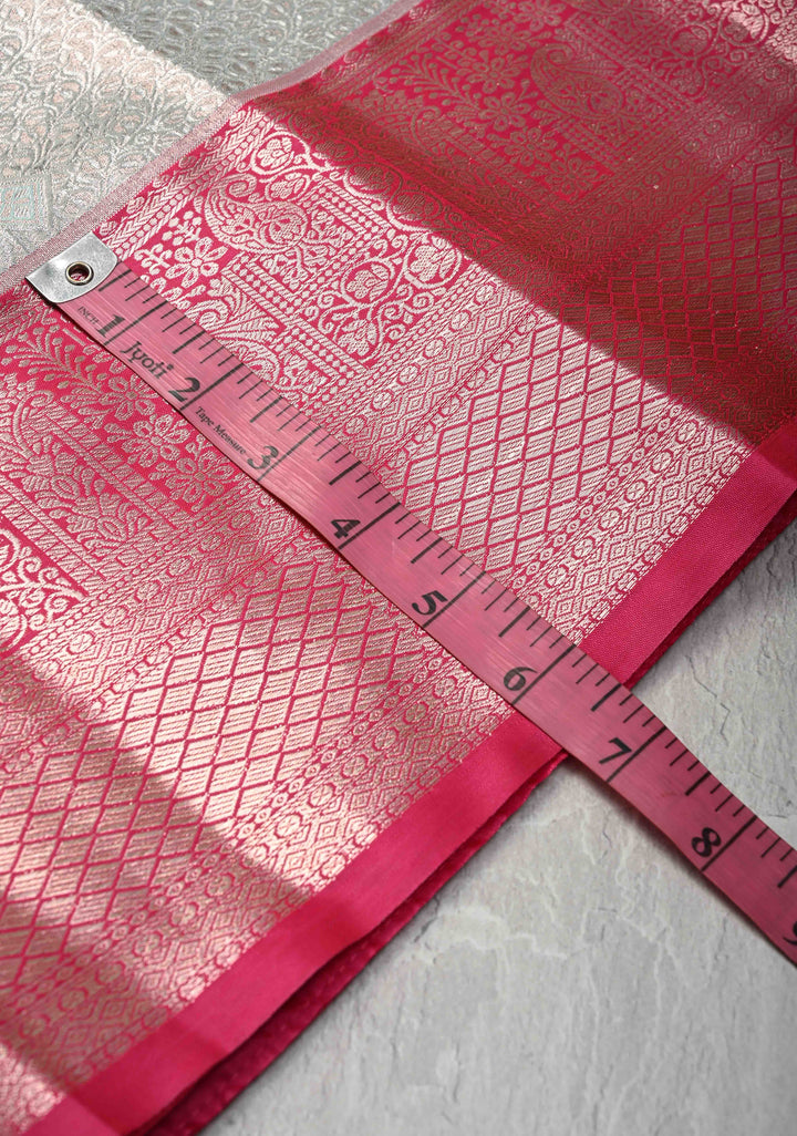 Light Sage Green Brocade on Kanjivaram Tissue Semi Silk Saree with Meenakari Buttas and Contrast Zari Border