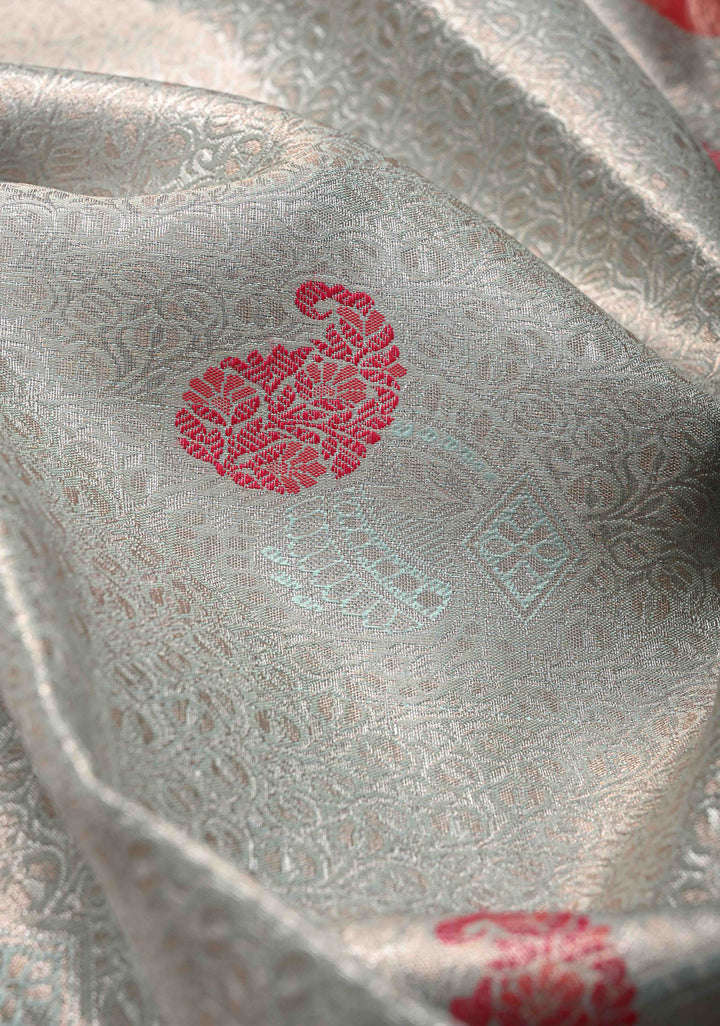 Light Sage Green Brocade on Kanjivaram Tissue Semi Silk Saree with Meenakari Buttas and Contrast Zari Border