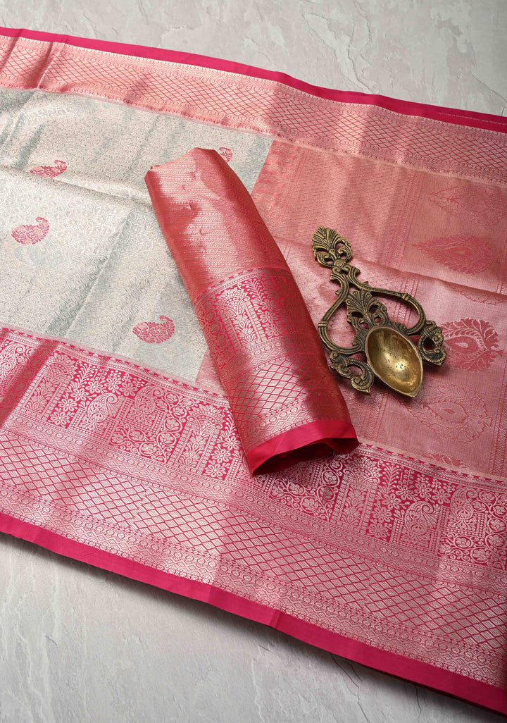 Light Sage Green Brocade on Kanjivaram Tissue Semi Silk Saree with Meenakari Buttas and Contrast Zari Border