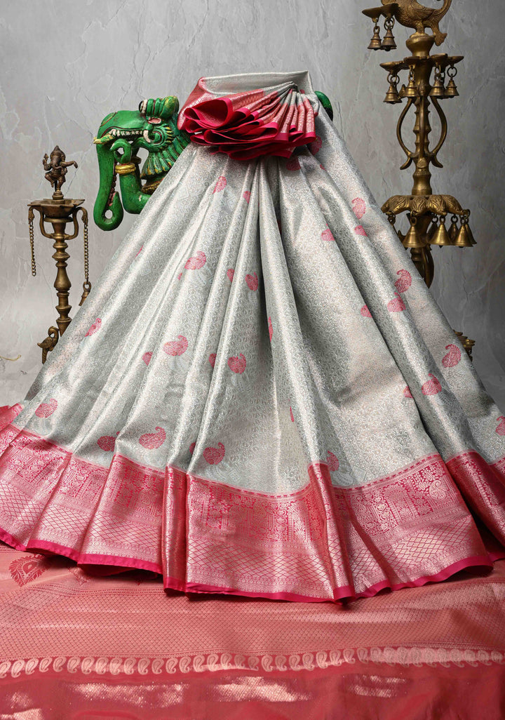 Light Sage Green Brocade on Kanjivaram Tissue Semi Silk Saree with Meenakari Buttas and Contrast Zari Border