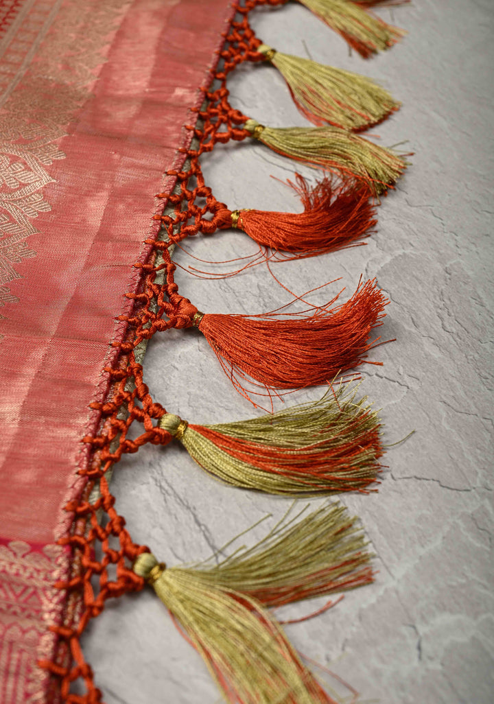 Light Pista Green Brocade Jaal on Kanjivaram Tissue Semi Silk Saree with Meenakari Buttas and Contrast Zari Border