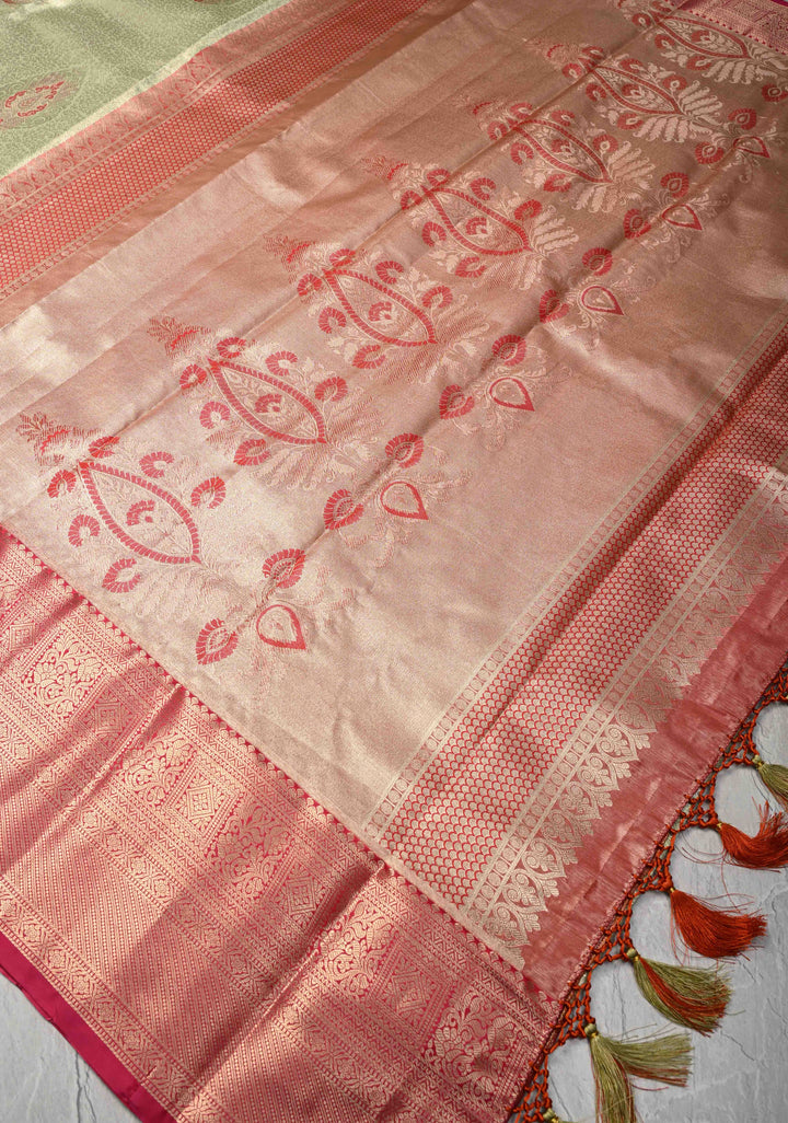 Light Pista Green Brocade Jaal on Kanjivaram Tissue Semi Silk Saree with Meenakari Buttas and Contrast Zari Border