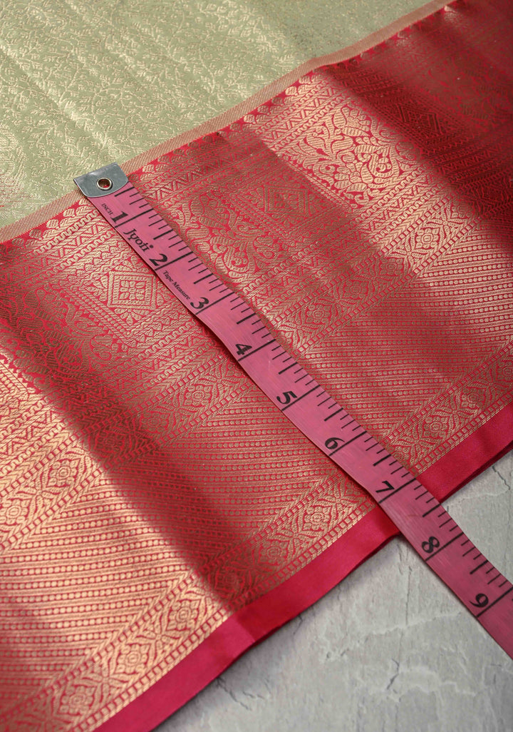 Light Pista Green Brocade Jaal on Kanjivaram Tissue Semi Silk Saree with Meenakari Buttas and Contrast Zari Border