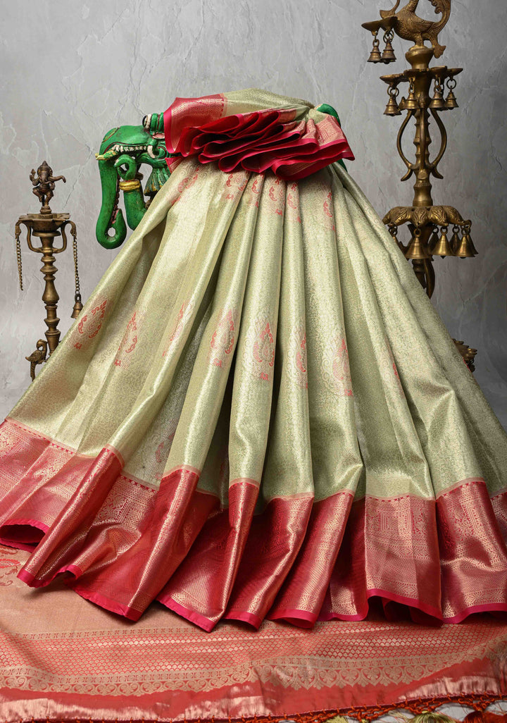 Light Pista Green Brocade Jaal on Kanjivaram Tissue Semi Silk Saree with Meenakari Buttas and Contrast Zari Border