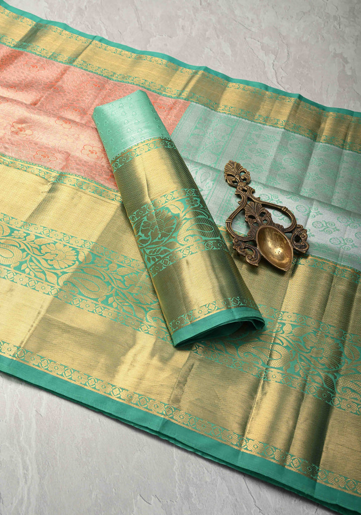 Coral Orange Kanjivaram Tissue Semi Silk Saree with Meenakari Brocade Jaal and Contrast Wide Zari Border
