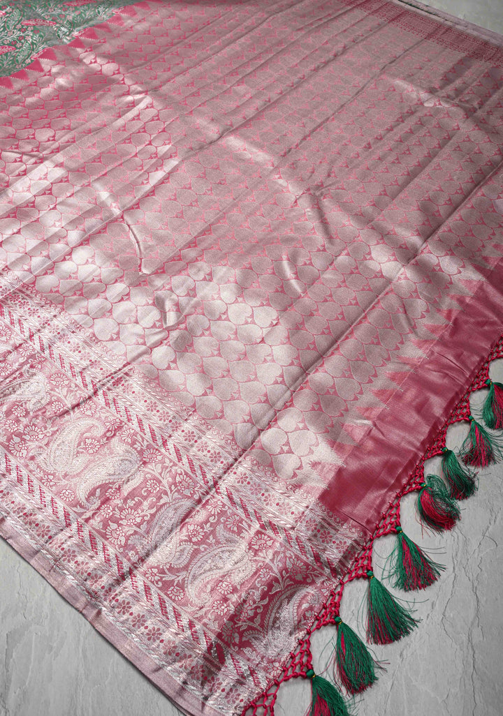 Jade Green Brocade on Kanjivaram Tissue Semi Silk Saree with Meenakari Buttas and Contrast Zari Border