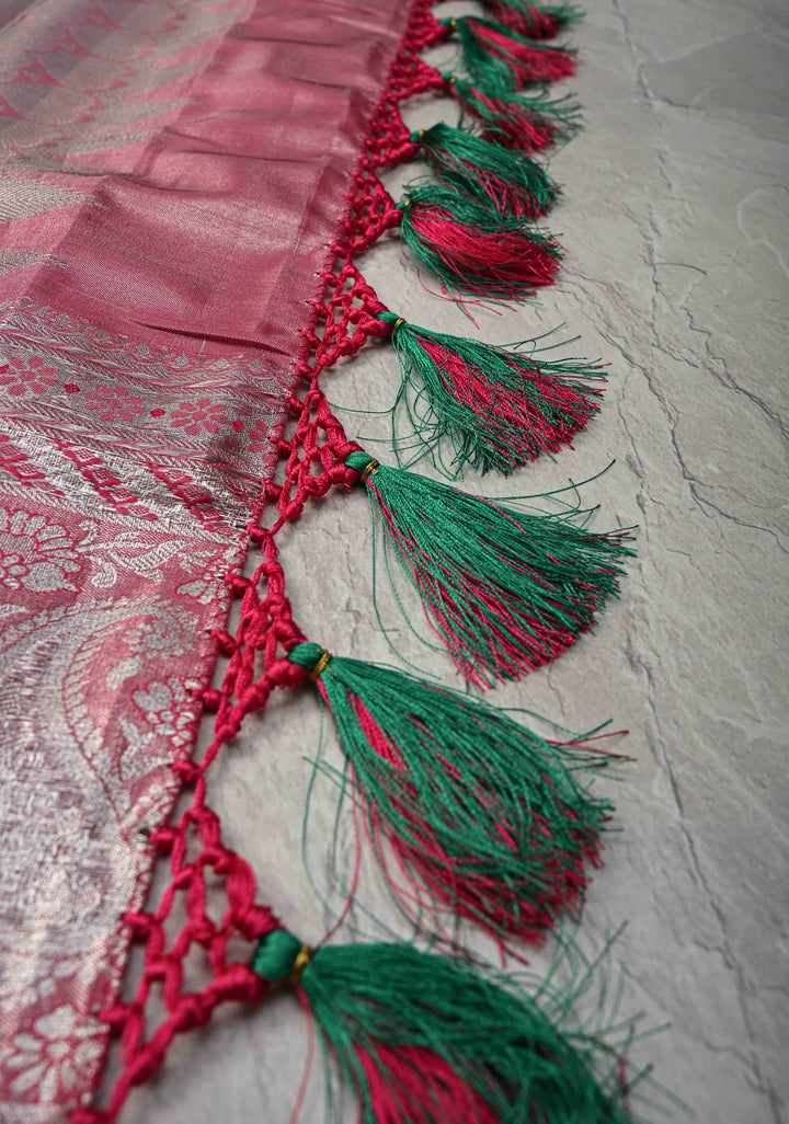 Jade Green Brocade on Kanjivaram Tissue Semi Silk Saree with Meenakari Buttas and Contrast Zari Border