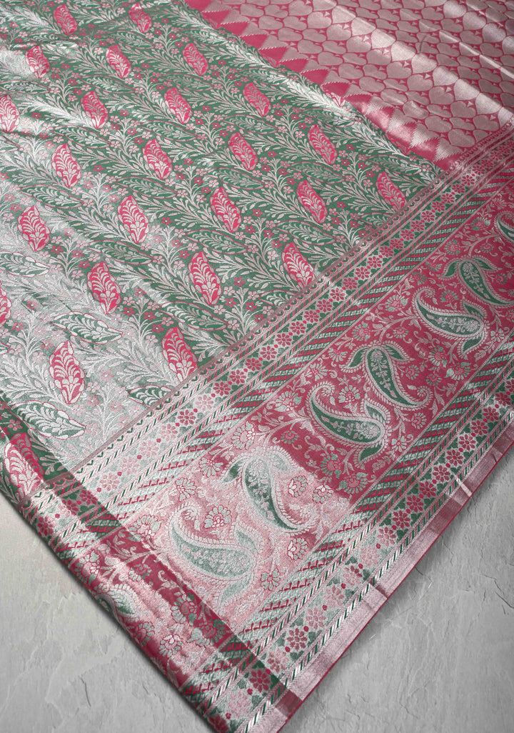 Jade Green Brocade on Kanjivaram Tissue Semi Silk Saree with Meenakari Buttas and Contrast Zari Border