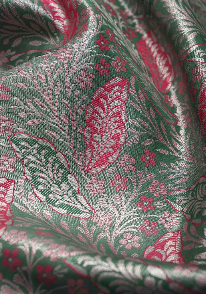 Jade Green Brocade on Kanjivaram Tissue Semi Silk Saree with Meenakari Buttas and Contrast Zari Border