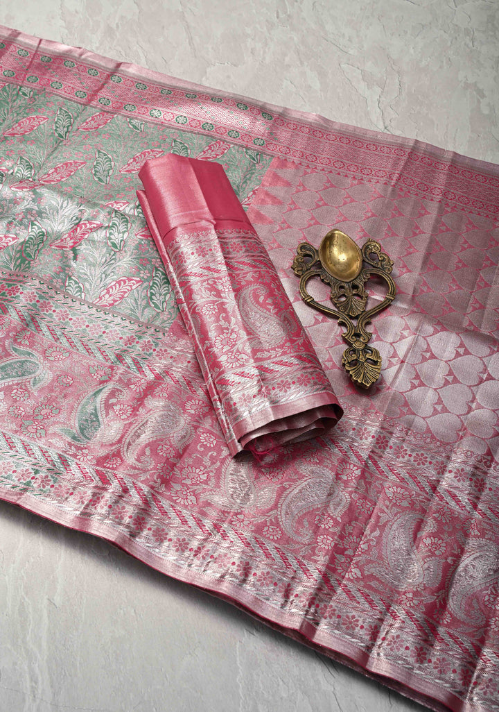 Jade Green Brocade on Kanjivaram Tissue Semi Silk Saree with Meenakari Buttas and Contrast Zari Border