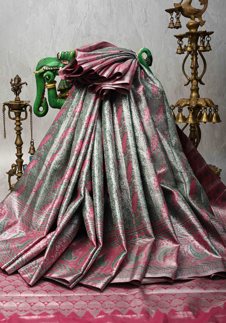 Jade Green Brocade on Kanjivaram Tissue Semi Silk Saree with Meenakari Buttas and Contrast Zari Border