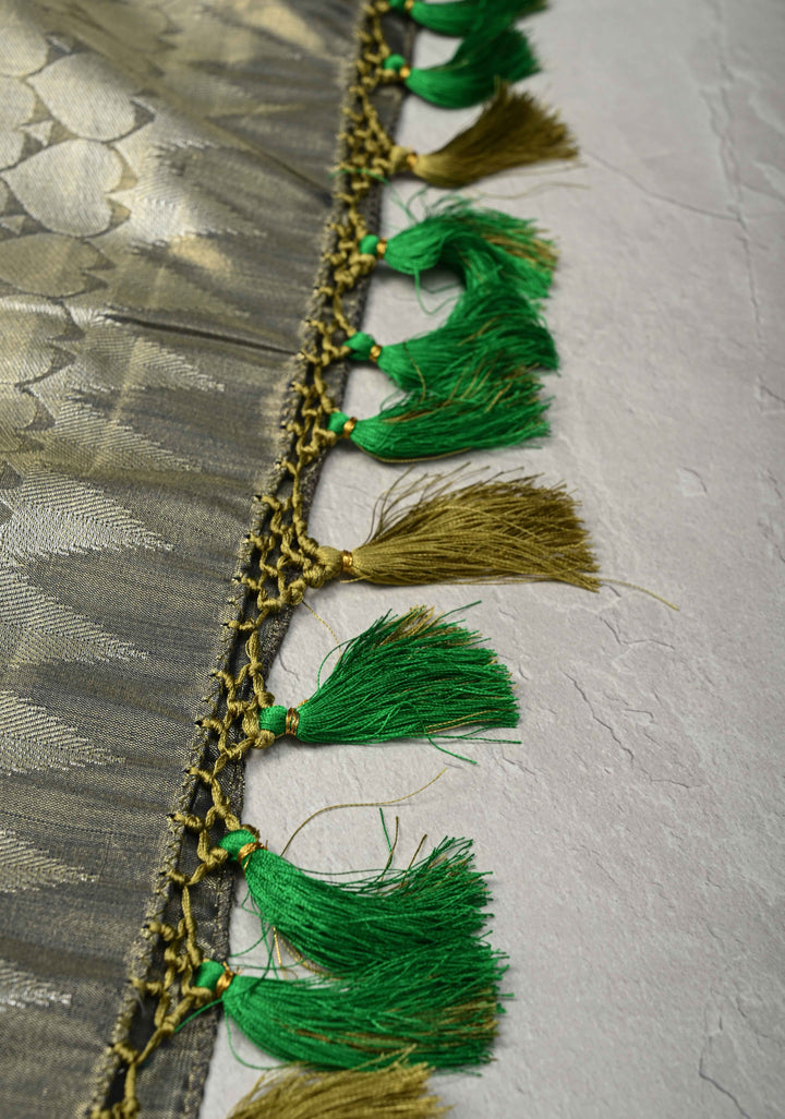 Green Kanjivaram Tissue Semi Silk Saree with Meenakari Floral Brocade and Zari Border