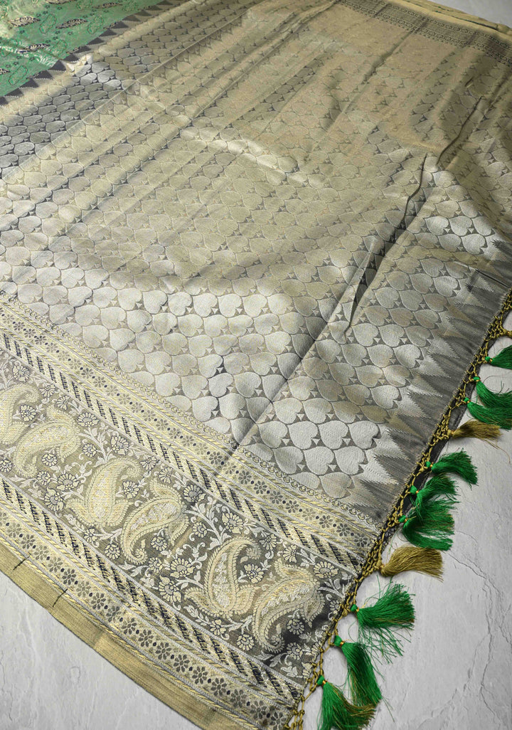 Green Kanjivaram Tissue Semi Silk Saree with Meenakari Floral Brocade and Zari Border