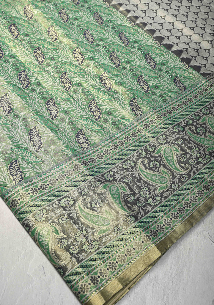 Green Kanjivaram Tissue Semi Silk Saree with Meenakari Floral Brocade and Zari Border