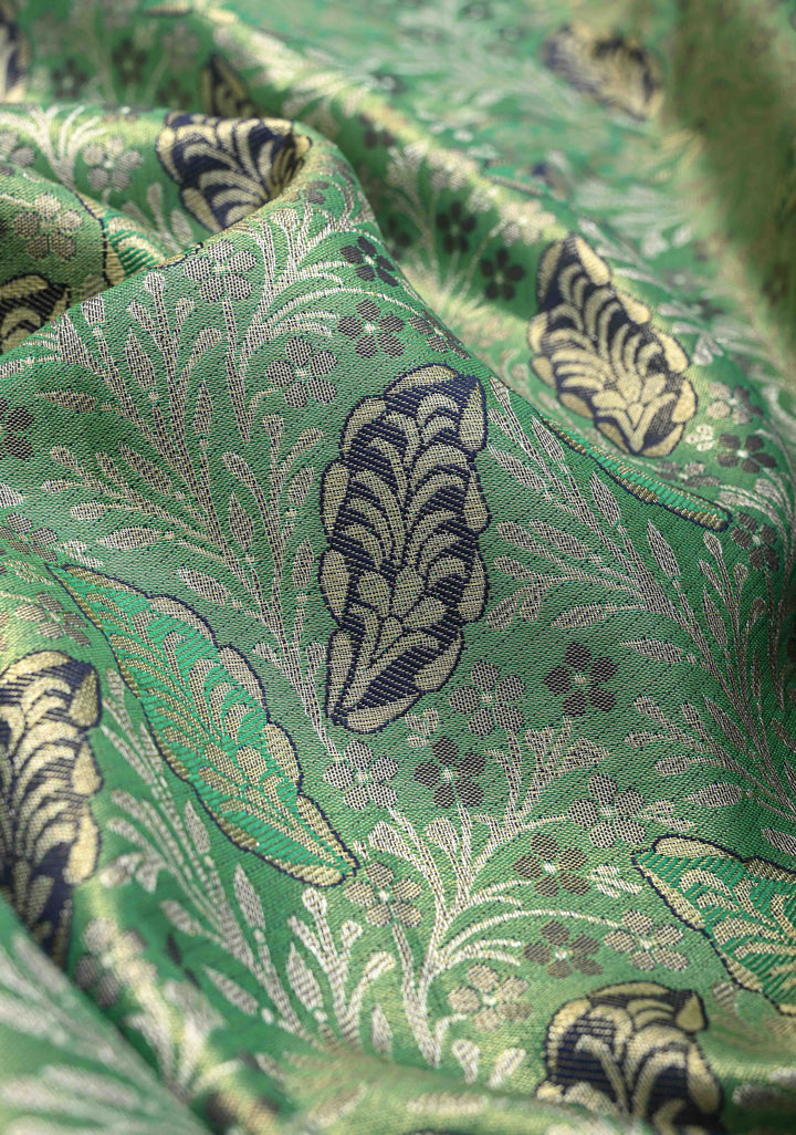 Green Kanjivaram Tissue Semi Silk Saree with Meenakari Floral Brocade and Zari Border