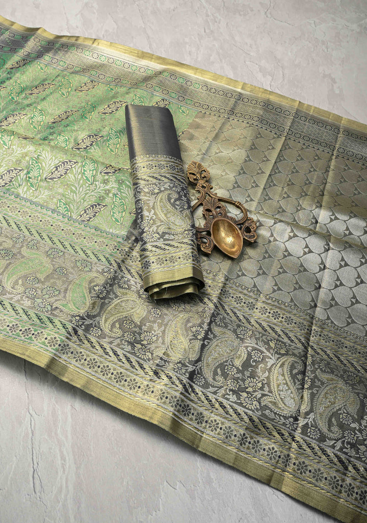 Green Kanjivaram Tissue Semi Silk Saree with Meenakari Floral Brocade and Zari Border