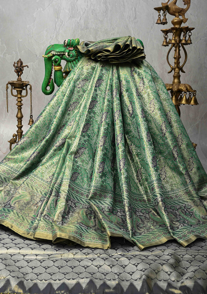 Green Kanjivaram Tissue Semi Silk Saree with Meenakari Floral Brocade and Zari Border