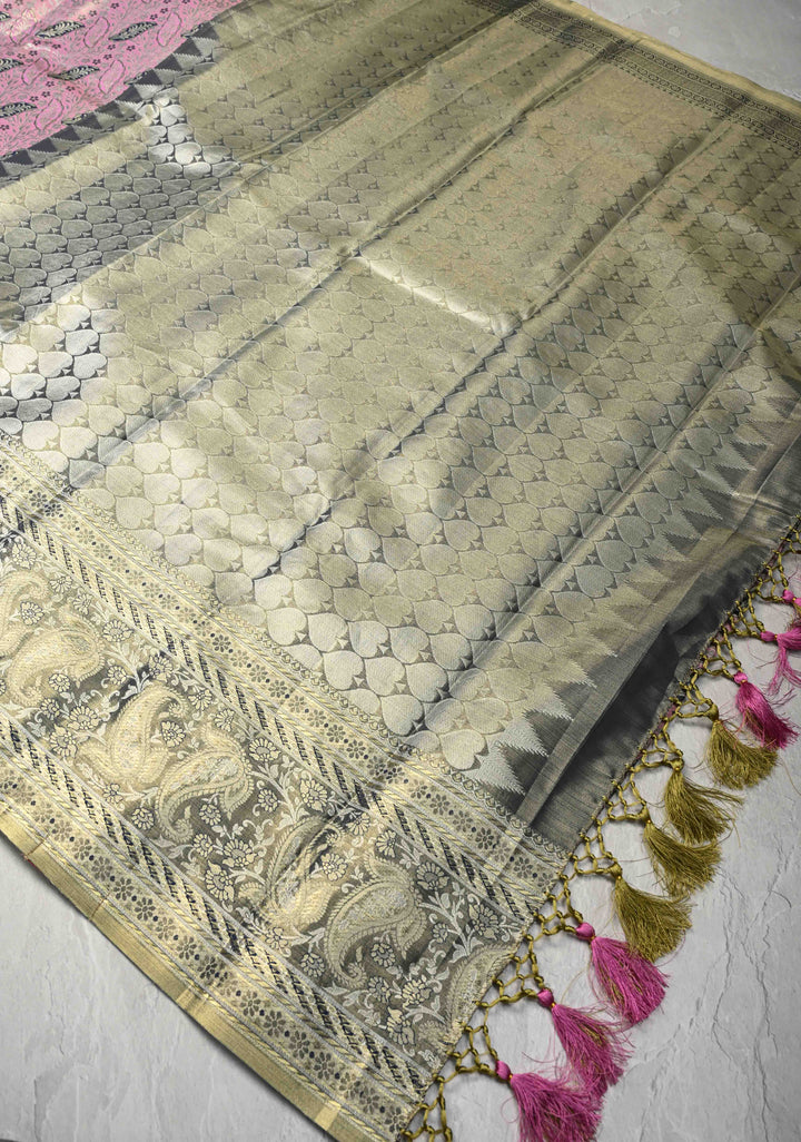 Baby Pink Kanjivaram Tissue Semi Silk Saree with Meenakari Brocade and Zari Border