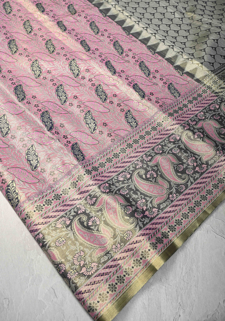 Baby Pink Kanjivaram Tissue Semi Silk Saree with Meenakari Brocade and Zari Border