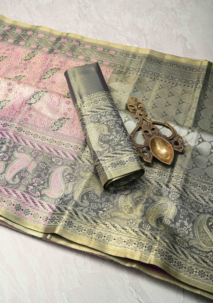 Baby Pink Kanjivaram Tissue Semi Silk Saree with Meenakari Brocade and Zari Border