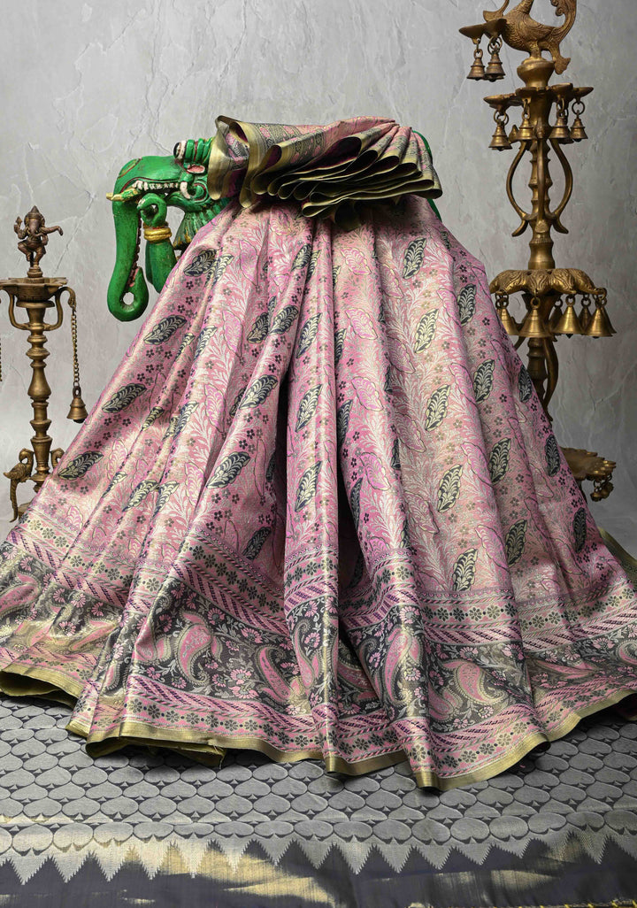 Baby Pink Kanjivaram Tissue Semi Silk Saree with Meenakari Brocade and Zari Border