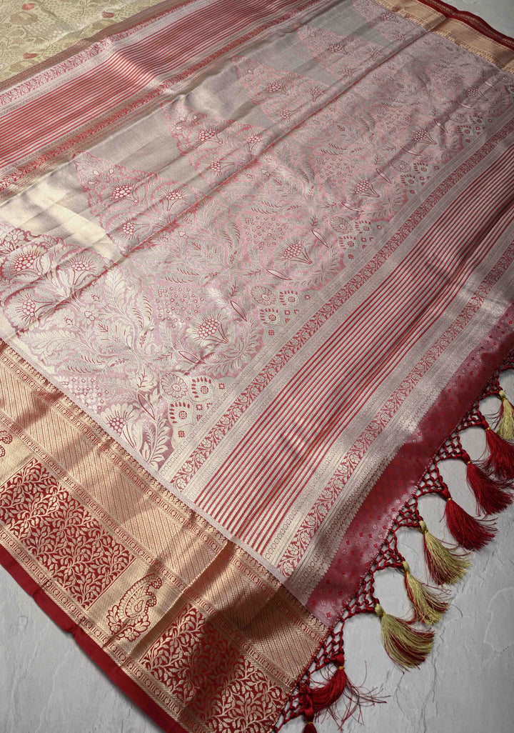 Light Green Brocade on Kanjivaram Tissue Semi Silk Saree with Meenakari Buttas and Contrast Zari Border