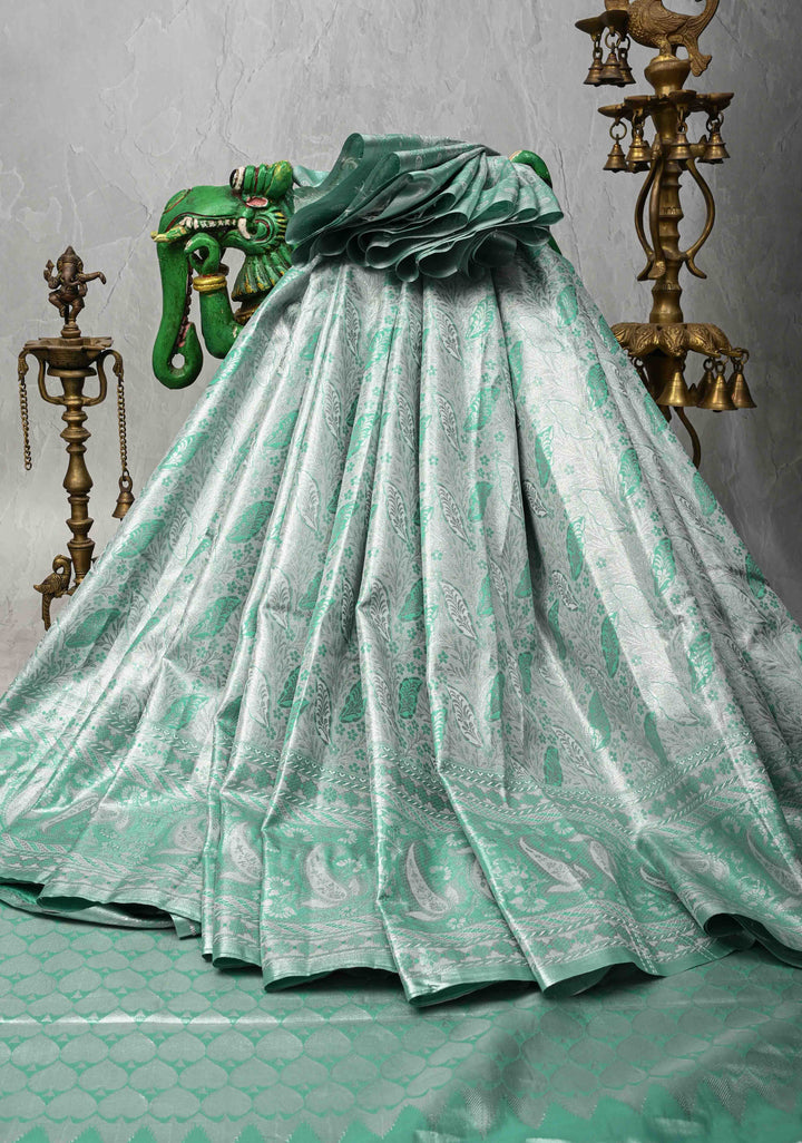 Mint Green Kanjivaram Tissue Semi Silk Saree with Meenakari Floral Brocade and Zari Border