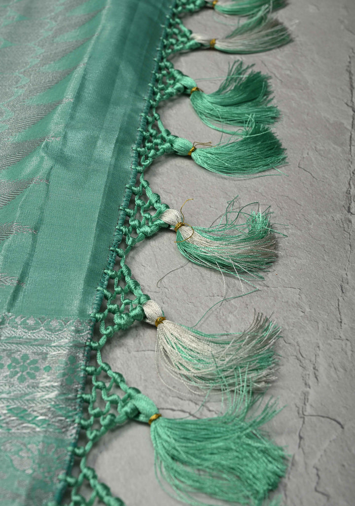 Mint Green Kanjivaram Tissue Semi Silk Saree with Meenakari Floral Brocade and Zari Border