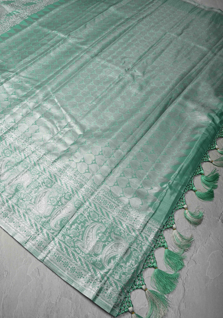 Mint Green Kanjivaram Tissue Semi Silk Saree with Meenakari Floral Brocade and Zari Border