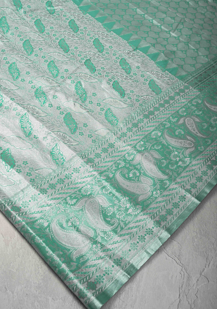 Mint Green Kanjivaram Tissue Semi Silk Saree with Meenakari Floral Brocade and Zari Border