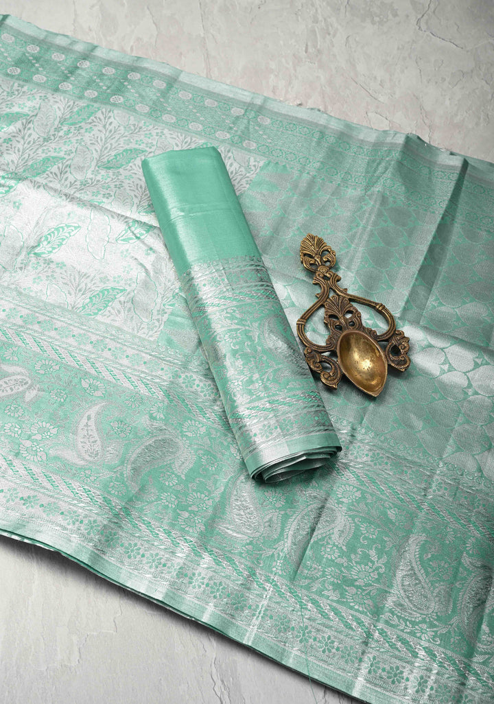 Mint Green Kanjivaram Tissue Semi Silk Saree with Meenakari Floral Brocade and Zari Border