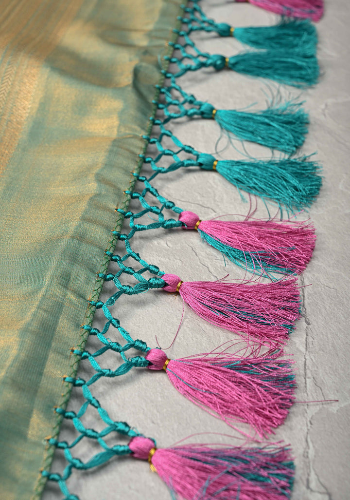 Purple Brocade Jaal on Kanjivaram Tissue Semi Silk Saree with Meenakari Twin Birds Buttas and Contrast Zari Border