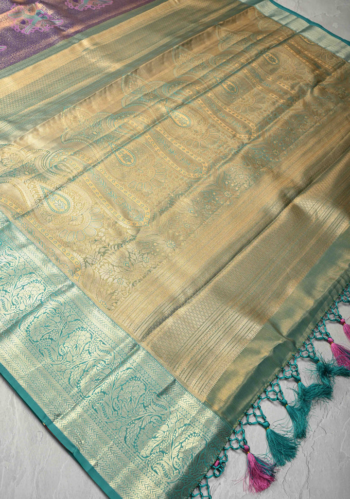 Purple Brocade Jaal on Kanjivaram Tissue Semi Silk Saree with Meenakari Twin Birds Buttas and Contrast Zari Border