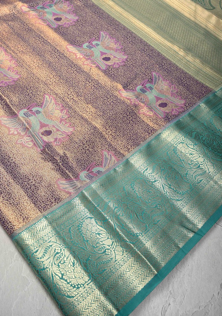 Purple Brocade Jaal on Kanjivaram Tissue Semi Silk Saree with Meenakari Twin Birds Buttas and Contrast Zari Border