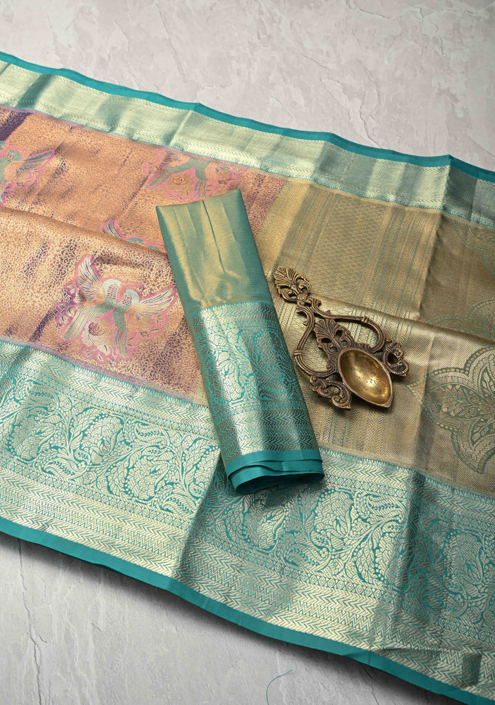 Purple Brocade Jaal on Kanjivaram Tissue Semi Silk Saree with Meenakari Twin Birds Buttas and Contrast Zari Border