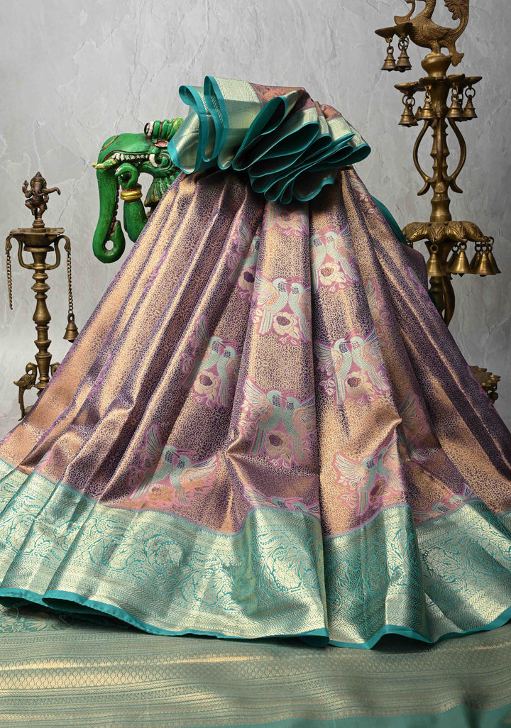 Purple Brocade Jaal on Kanjivaram Tissue Semi Silk Saree with Meenakari Twin Birds Buttas and Contrast Zari Border