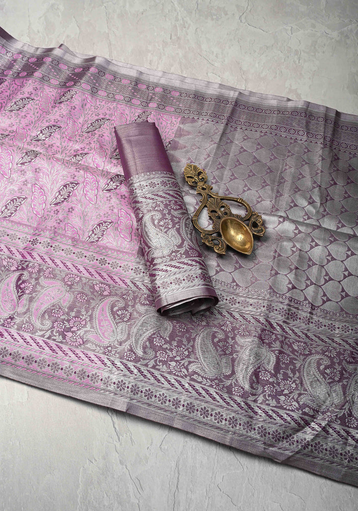 Orchid Kanjivaram Tissue Semi Silk Saree with Meenakari Floral Brocade and Zari Border